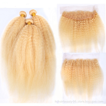 613 Blonde Bundles With Frontal Brazilian Kinky Straight Hair Bundles With Frontal Remy Blonde Human Hair Bundles with frontal